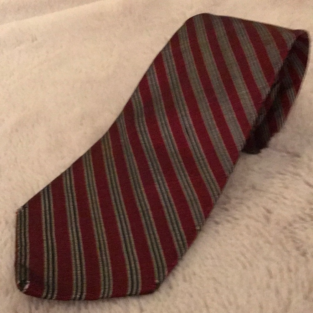 Burgundy Tie with diagonal black and silver stripes